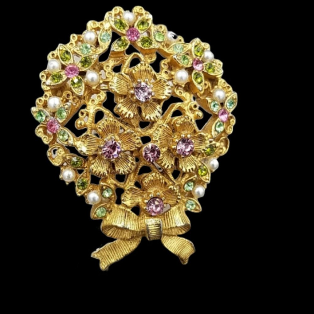 Vintage Florenza Ornate Rhinestone Flower Brooch